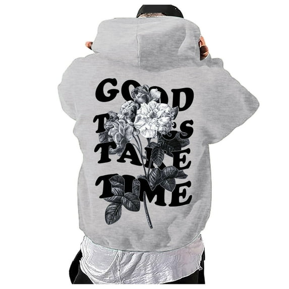 Puliio Mens Hoodies Trendy Leisure Back Flower Print Hooded Pullover Long Sleeve Classic Versatile Daily Plus Size Hooded Sweater Tops