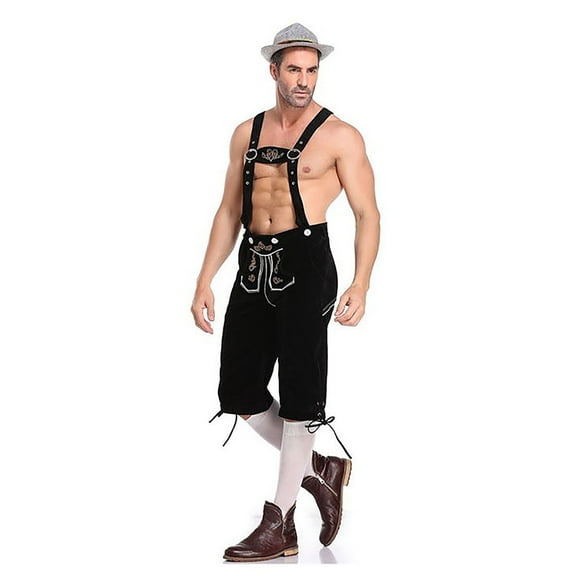Puliio Mens Outfits Ethnic Traditional Fasion Embroidered Trousers With Strap Suspenders Bavarian Oktoberfes Festival Sets,2pc