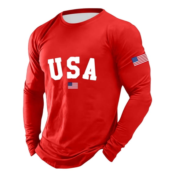 Puliio Mens Tshirts Usa Print Crew Neck Long Sleeve T‑Shirt Winter Holiday Casual Daily Tee Tops(Red,4XL)