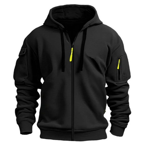 Puliio Mens Zip Up Hoodie Embroidered Badge Pocket Solid Color Casual Pullover Sweatshirt Autumn Winter Outdoor Sports And Daily Wear Drawstring Hoody Hooded
