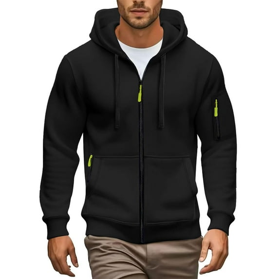 Puliio Mens Zipper Hoodies Autumn Winter Fashion Design Solid Color Fall Sleeved Drawstring Hooded Sweatshirt Casual Outdoor Zip Up Pocket Hoody Pullover Tops