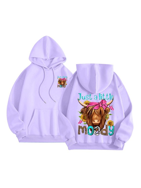 Oversized Hoodies for Women Double-Sided Sunflower Leopard Highland Cow Print Long Sleeve Fall Vintage Pullover Casual Sweatshirts with Pocket