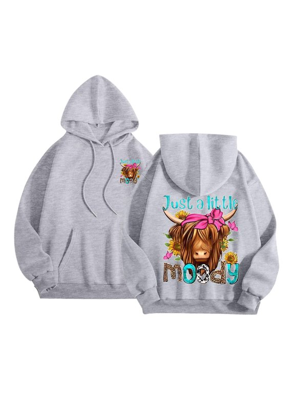 Oversized Hoodies for Women Double-Sided Sunflower Leopard Highland Cow Print Long Sleeve Fall Vintage Pullover Casual Sweatshirts with Pocket