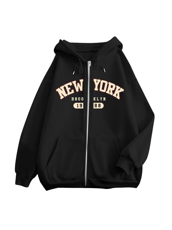 Oversized Zip Up Hoodies for Women New York Brooklyn Varsity Print Long Sleeve Fall Casual Sweatshirt Jackets Soft Sweatshirts with Pocket