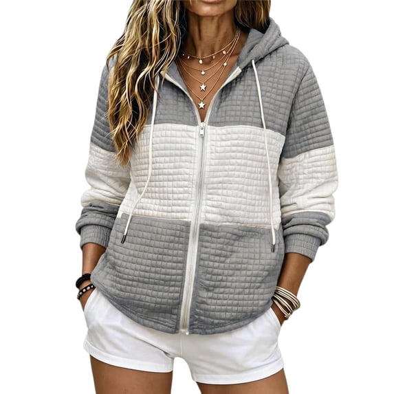 Puliio Quilted Color Block Full Zip Hoodies for Women Casual Long Sleeve Sweatshirt Jacket with Pockets