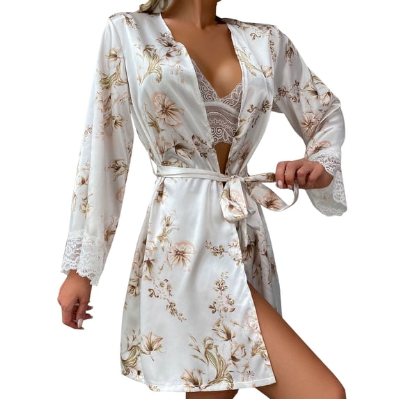 Puliio Robes For Women Satin Lace Sexy Cardigan Bathrobe Robe Soft Cozy Nightgown,Size S