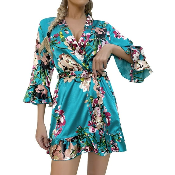 Puliio Robes For Women Satin Ruffle Edge Bathrobe Robe Soft Cozy Lightweight Nightgown For Ladies House,Size S