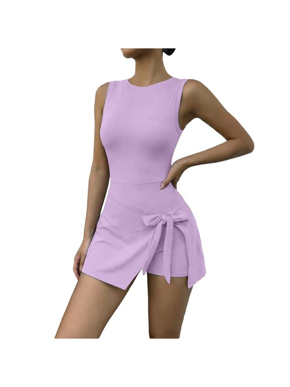 Rompers for Women Summer Sleeveless Crew Neck Tie Waist Wrap Skort Casual Bodycon Short Jumpsuit