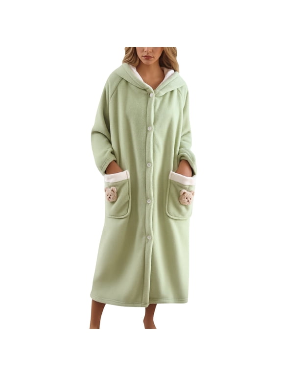 Soft Hooded Bathrobe for Women Long Sleeve Button Front Robe Bear Pocket Decor Winter Warm Housecoat Loungewear with Pockets