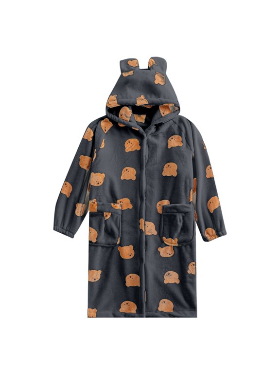 Soft Hooded Bathrobe for Women Long Sleeve Button Front Robe Cartoon Bear Print Winter Warm Housecoat Loungewear with Pockets >