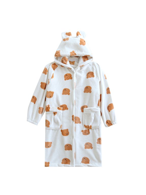 Soft Hooded Bathrobe for Women Long Sleeve Button Front Robe Cartoon Bear Print Winter Warm Housecoat Loungewear with Pockets >