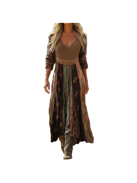 Summer Boho Maxi Dress for Women 3/4 Sleeve V Neck Patchwork Print Loose Flowy Casual Hippie Dress