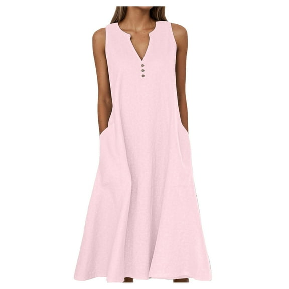 Puliio Summer Dresses For Women Casual Sleeveless Flowy Beach Vacation Dress Solid Color V-Neck Daliy Wear Button Dress With Pockets