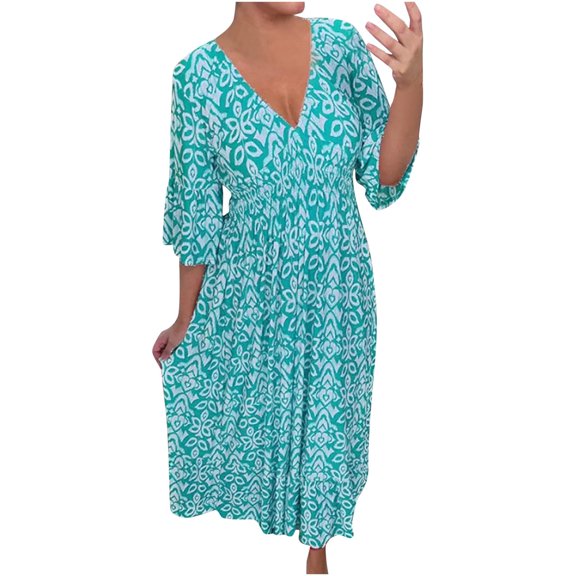 Puliio Summer Dresses For Women Trendy Boho Floral Print Cover Up V Neck Dresses 3/4 Sleeve Beach Vaction Casual Fairy Sundress
