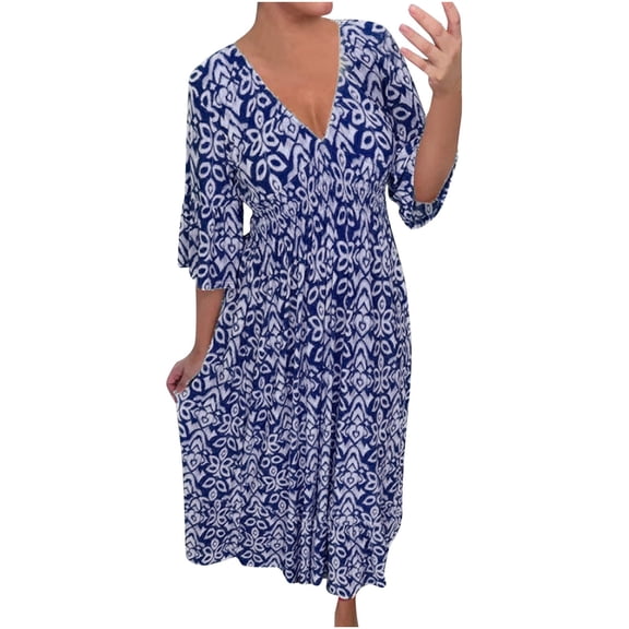 Puliio Summer Dresses For Women Trendy Boho Floral Print Cover Up V Neck Dresses 3/4 Sleeve Beach Vaction Casual Fairy Sundress
