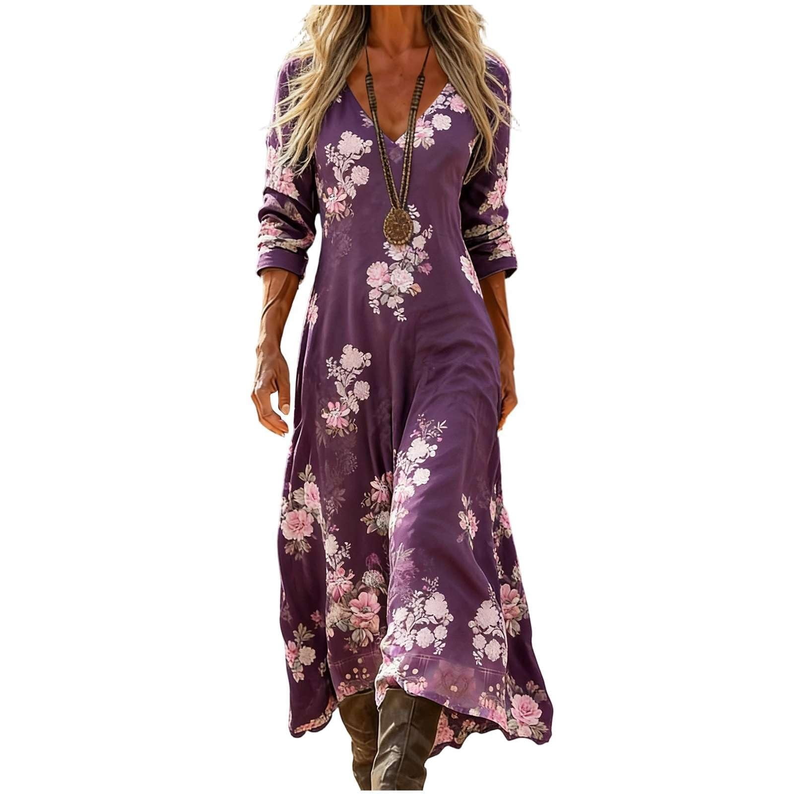 Puliio Summer Dresses for Women Floral Print V Neck Boho Maxi Dresses  Vintage Soft Casual 3/4 Sleeve Bohemia Sundress - Walmart Business Supplies