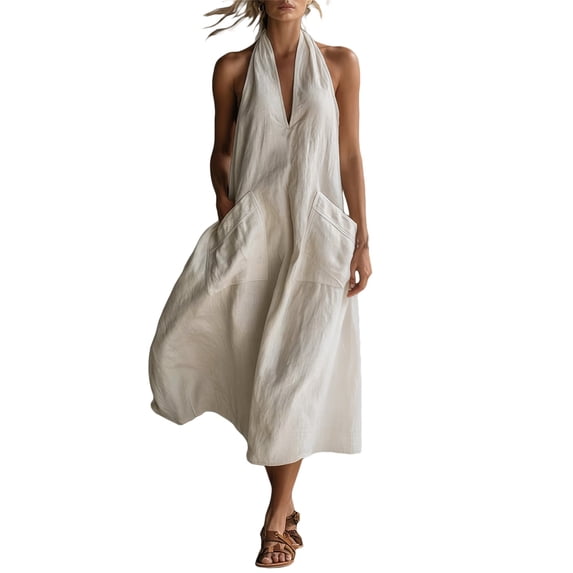 Puliio Summer Dresses for Women Halter V Neck Linen Blend Loose Midi Casual Dress with Pockets
