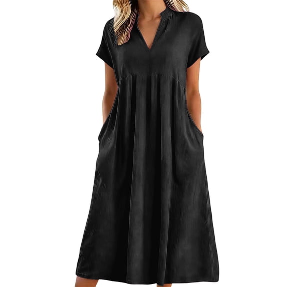 Puliio Summer Dresses for Women Short Sleeve Notch V Neck Loose Pleated Solid Casual Midi Dress with Pockets