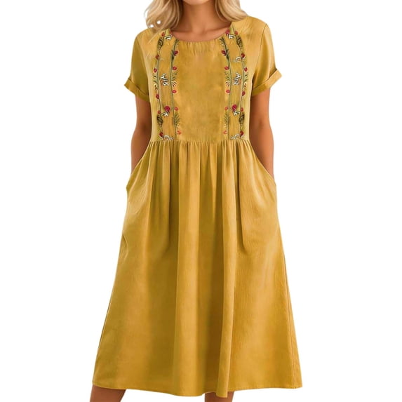 Puliio Summer Dresses for Women Short Sleeve Round Neck Embroidered Linen Midi Dress with Pockets