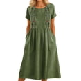thumbnail image 1 of Puliio Summer Dresses for Women Short Sleeve Round Neck Embroidered Linen Midi Dress with Pockets, 1 of 6