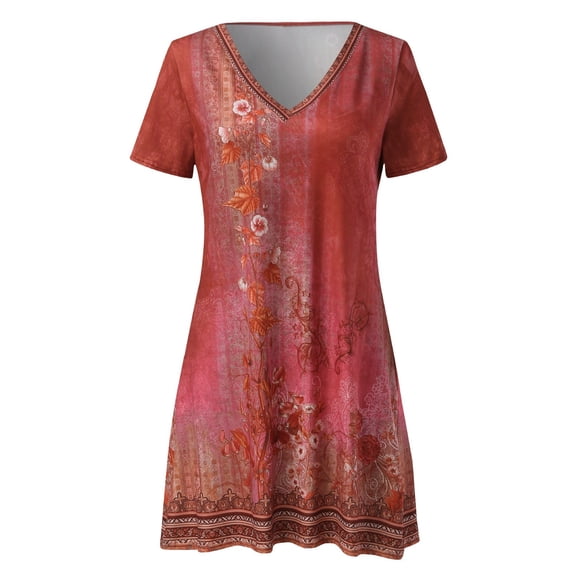 Puliio Summer Dresses for Women Short Sleeve V Neck Floral Print Mini Casual Boho Beach Sundress