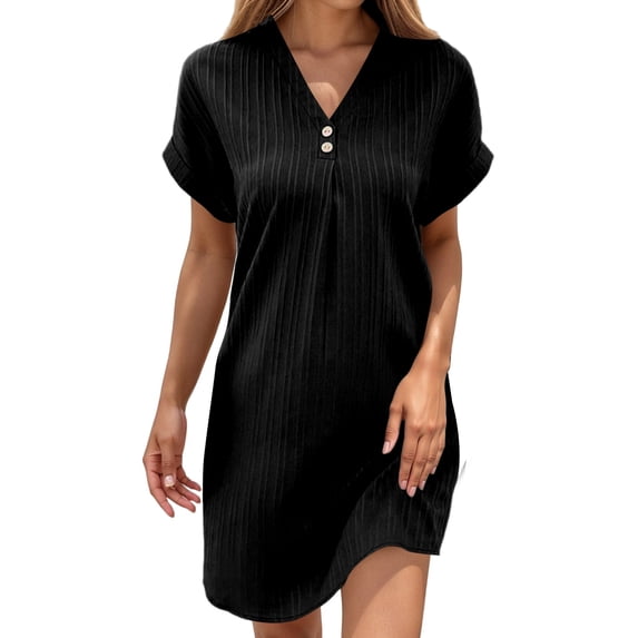 Puliio Summer Dresses for Women Short Sleeve V Neck Solid Color Ribbed Casual Daily Wear Mini Dress