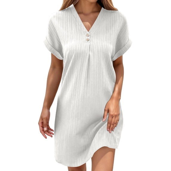 Puliio Summer Dresses for Women Short Sleeve V Neck Solid Color Ribbed Casual Daily Wear Mini Dress