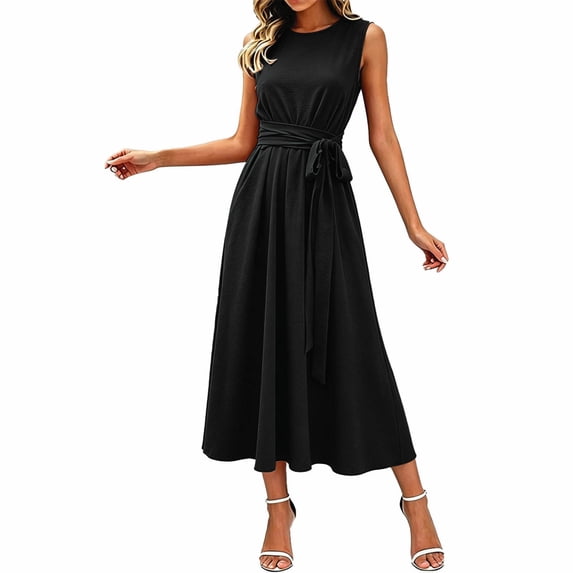 Puliio Summer Dresses for Women Sleeveless Crew Neck Self Tie Waist Solid Flowy Midi Casual Dress