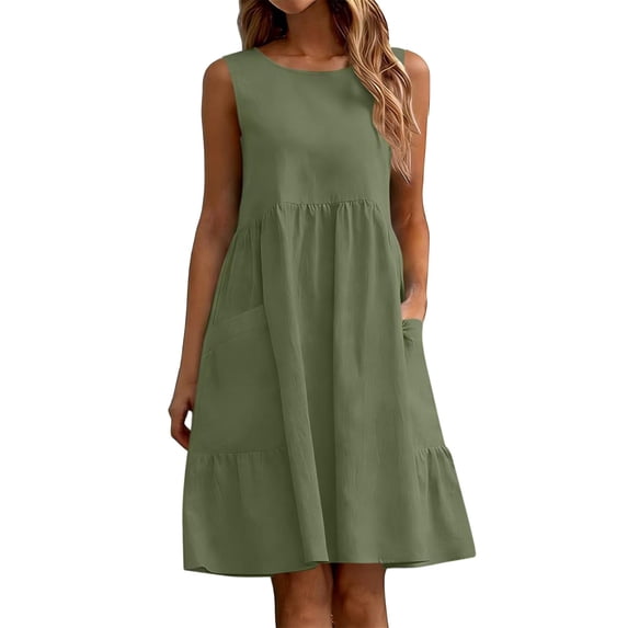 Puliio Summer Dresses for Women Sleeveless Round Neck Linen Blend Ruffle Hem Casual Dress with Pockets