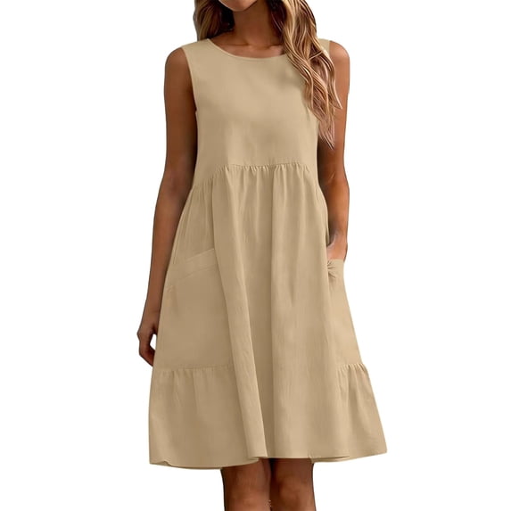 Puliio Summer Dresses for Women Sleeveless Round Neck Linen Blend Ruffle Hem Casual Dress with Pockets