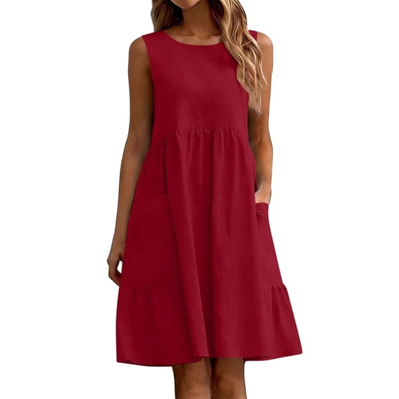 Puliio Summer Dresses for Women Sleeveless Round Neck Linen Blend Ruffle Hem Casual Dress with Pockets