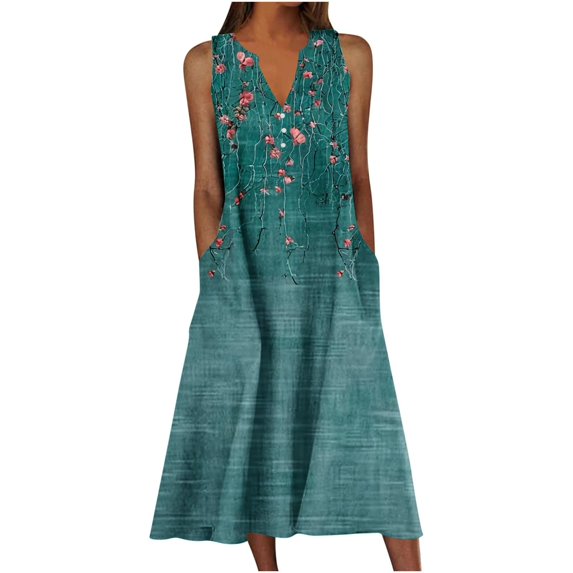 Puliio Summer Dresses for Women Sleeveless V Neck Floral Print Loose Casual Midi Dress with Pockets