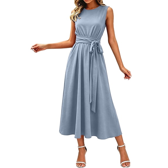 Puliio Summer Dresses for Women Solid Color Sleeveless Crew Neck A Line Midi Flowy Casual Vacation Sundress