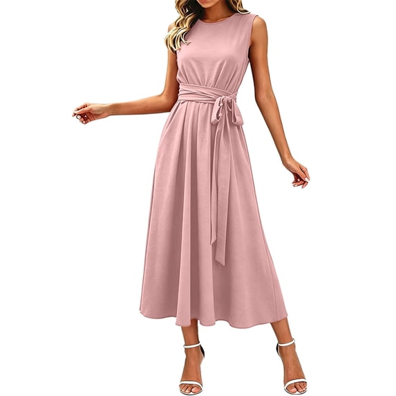 Puliio Summer Dresses for Women Solid Color Sleeveless Crew Neck A Line Midi Flowy Casual Vacation Sundress