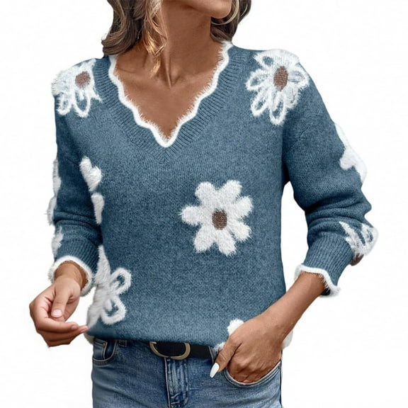 Puliio Sweaters For Women New Scalloped V-Neck Faux Mink Knit Sweater Daisy Pattern Warm Loose Fall Winter Jacquard Knitted Pullover Tops