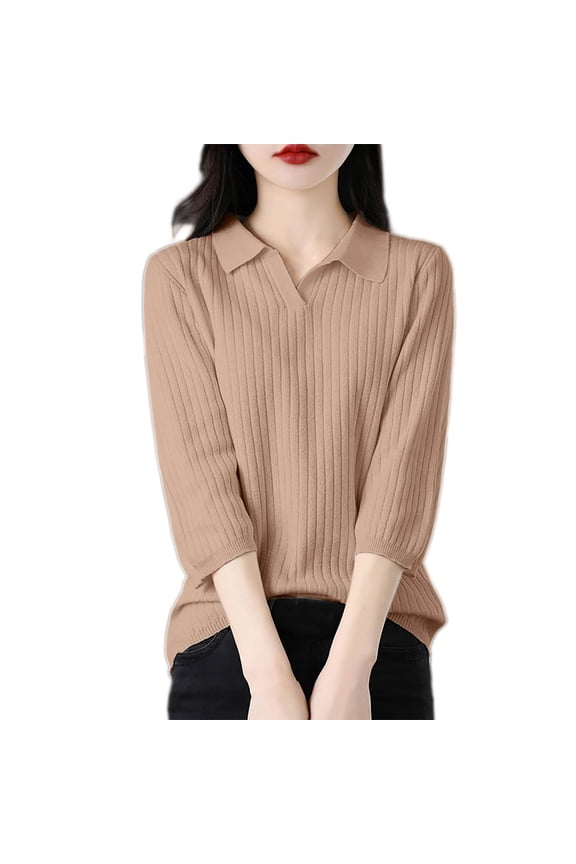 Sweaters For Women 3/4 Sleeve Solid Color Cotton Knit Polo Collar Sweater Winter Turn Down Collar Soft Comfortable Oversize Layering Base Layer