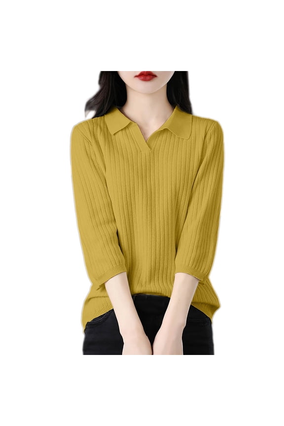 Sweaters For Women 3/4 Sleeve Solid Color Cotton Knit Polo Collar Sweater Winter Turn Down Collar Soft Comfortable Oversize Layering Base Layer