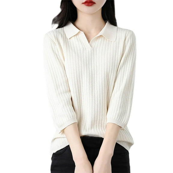 Puliio Sweaters For Women 3/4 Sleeve Solid Color Cotton Knit Polo Collar Sweater Winter Turn Down Collar Soft Comfortable Oversize Layering Base Layer