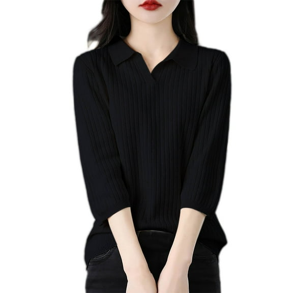 Puliio Sweaters For Women 3/4 Sleeve Solid Color Cotton Knit Polo Collar Sweater Winter Turn Down Collar Soft Comfortable Oversize Layering Base Layer