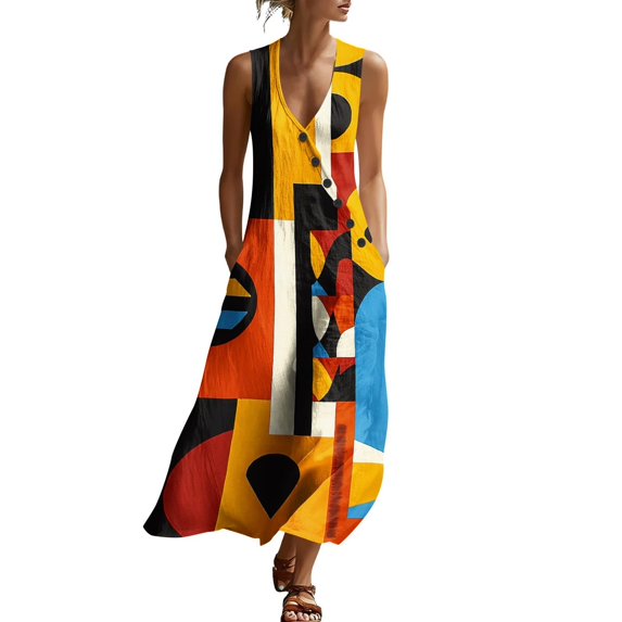 Puliio Tank Dresses for Women Summer Sleeveless V Neck Oversized Color Block Casual Beach Dress with Pockets