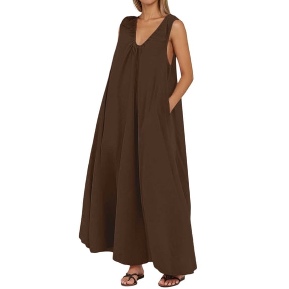 Puliio Tank Dresses for Women Summer V Neck Loose Maxi Casual Beach Vacation Dress with Pockets