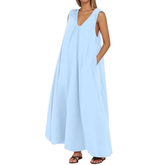 Puliio Tank Dresses for Women Summer V Neck Loose Maxi Casual Beach Vacation Dress with Pockets