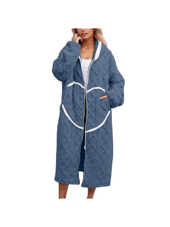 Textured Fleece Hooded Bathrobe for Women Long Sleeve Zip Up Wrap Robe Smiley Face Pattern Winter Warm Housecoat Loungewear with Pockets