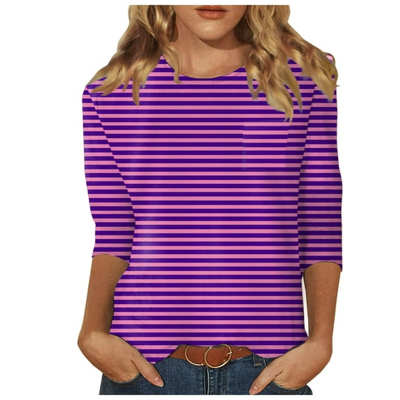 Puliio Women 3/4 Sleeve Top Summer Casual Versatile Regular Simple Printed Shirt Round Neck Casual Shirt Top