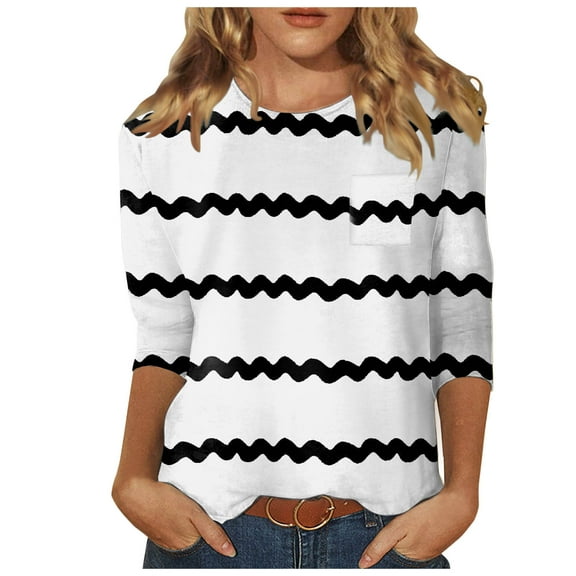 Puliio Women 3/4 Sleeve Top Summer Casual Versatile Regular Simple Printed Shirt Round Neck Casual Shirt Top