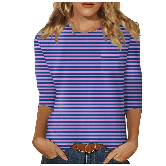 Puliio Women 3/4 Sleeve Top Summer Casual Versatile Regular Simple Printed Shirt Round Neck Casual Shirt Top