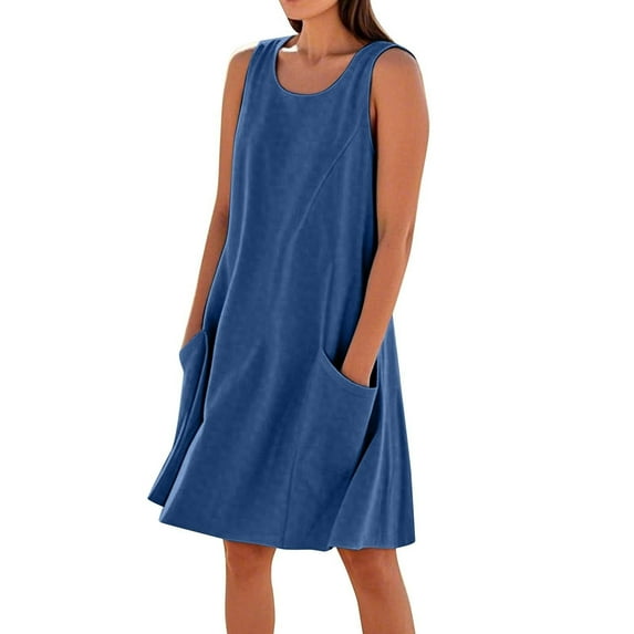 Puliio Women Dresses Summer Crew Neck Knee Length Casual Beach Resort Dress Sleeveless Solid Color Dresses With Pockets