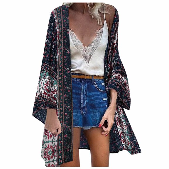 Puliio Women Fashion Bohemia Print Long Sleeve Loose Cardigan Beach Holiday Tops