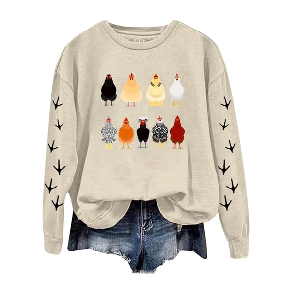 Puliio Women Graphic Hoodless Sweatshirts Casual Full Sleeve Crewneck Chicken Printed Pullover Sweatshirts Casual Daliy Wear Blouse Top No Hood Sweatshirts