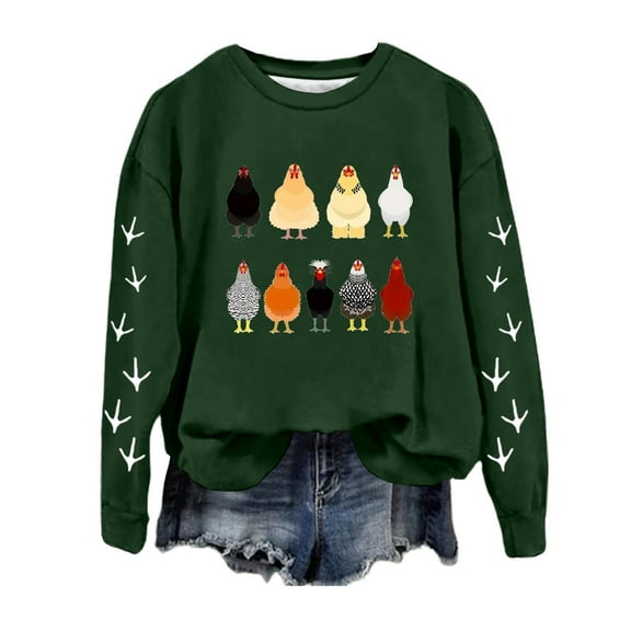 Puliio Women Graphic Hoodless Sweatshirts Casual Full Sleeve Crewneck Chicken Printed Pullover Sweatshirts Casual Daliy Wear Blouse Top No Hood Sweatshirts